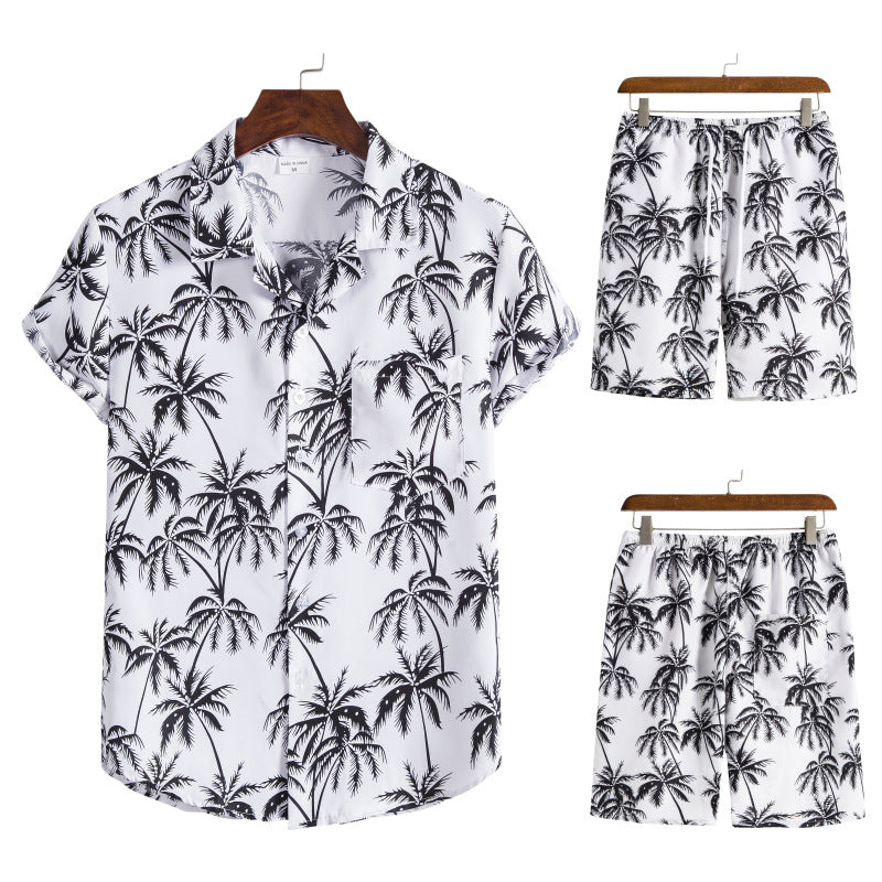 Wholesale Men's Short Sleeve Set Hawaiian Beach Wind Print Short Sleeve Shorts